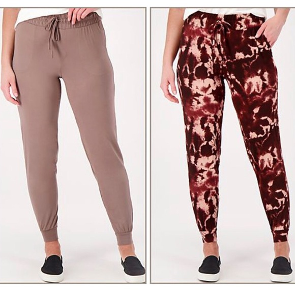 AnyBody Set of 2 Joggers in Medium Petite One in Taupe and One in Maroon Tie Dye - Picture 1 of 10